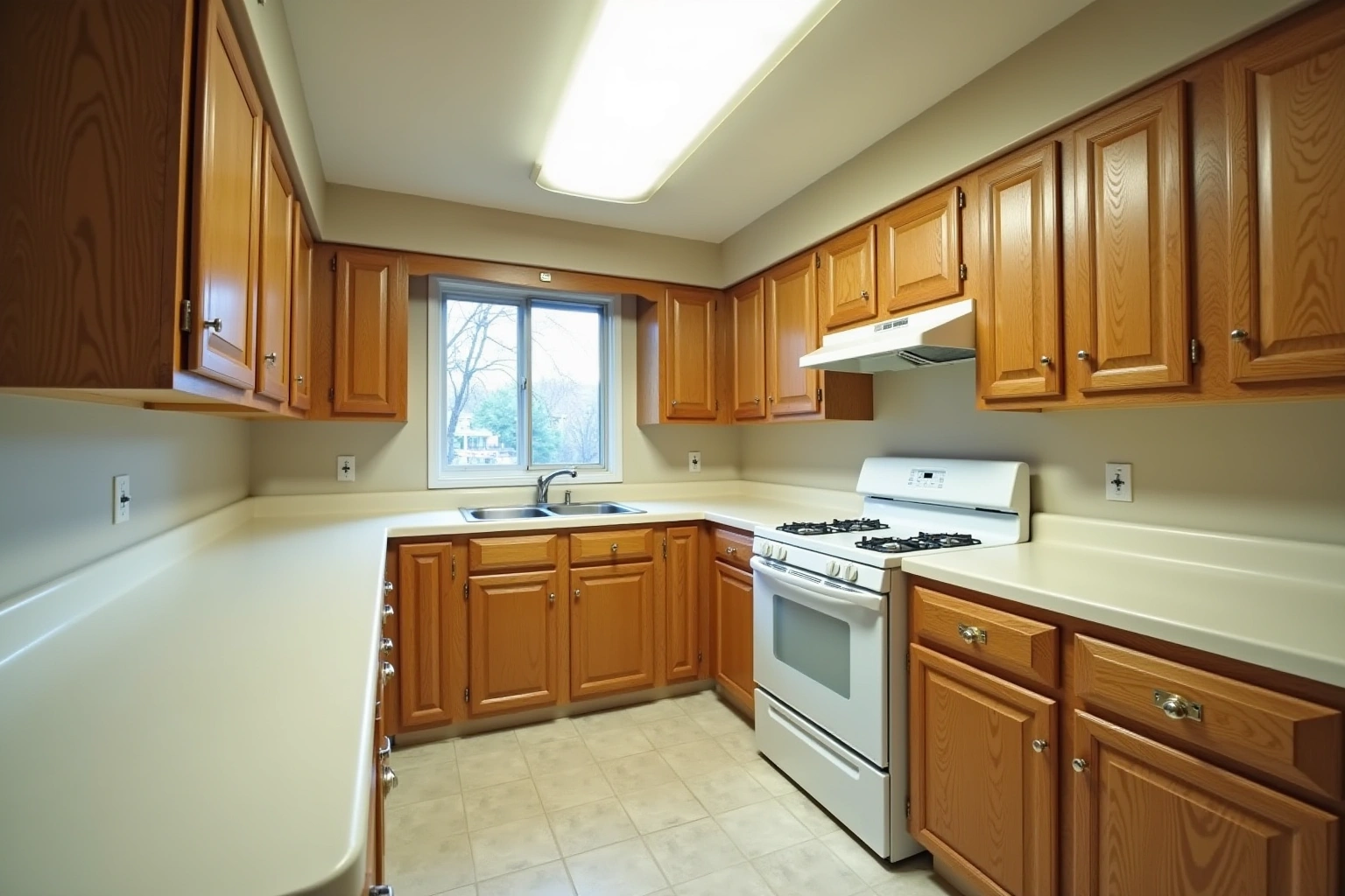 Dated kitchen with honey oak raised-panel cabinets, cream laminate counters, a white gas range and a fluorescent ceiling panel.