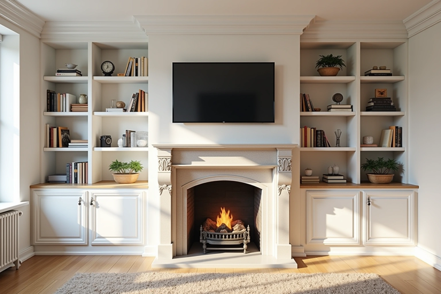 Wall of white painted built-in bookcases and base cabinets flanking a stone fireplace with a television above.